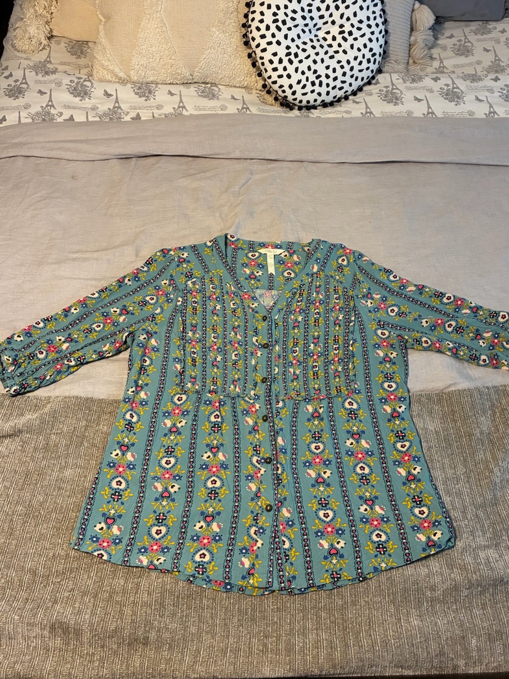 Matilda Jane Floral Stripe Teal V-Neck Blouse